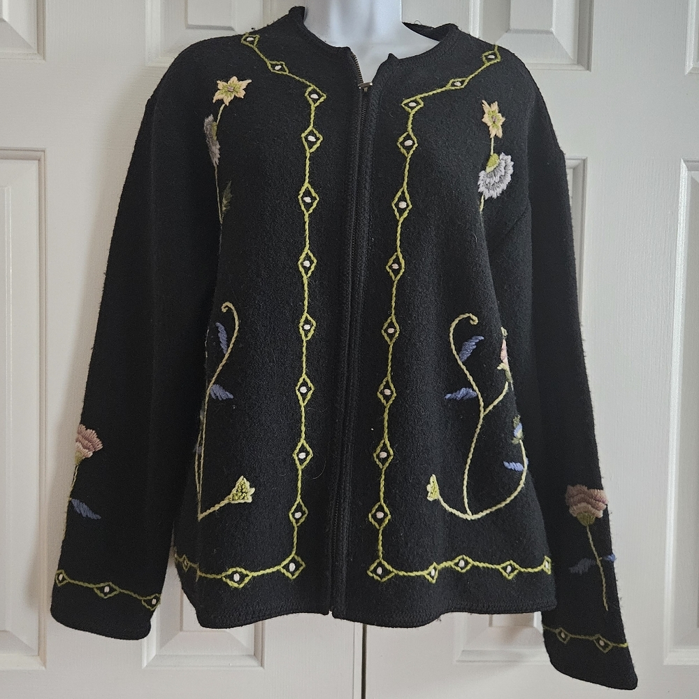 Vintage Cottage Boiled Wool Vintage Womens Sweater M Cardigan Embroidered Zip
